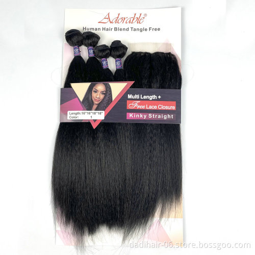 Packet synthetic Hair Extensions 4pcs Hair Bundles and a middle part lace closure One Pack Deal For Women Kinky Straight